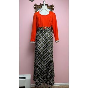 True Vintage 70s Maxi Long Sleeve Orange Black Plaid Collar Dress